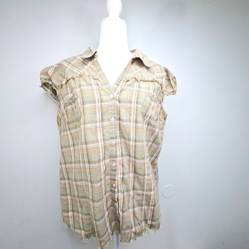 Vintage 90s Y2K Tan Yellow Gray Plaid Cap Sleeve Button Front Western Shirt